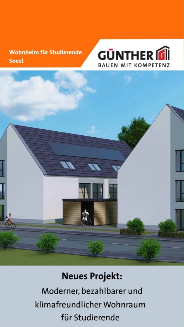 #NeuesProjekt: Moderner, bezahlbarer und klimafreundlicher Wohnraum für Studierende 

Als Bauunternehmung GÜNTHER freuen wir uns, ein weiteres spannendes Projekt zu realisieren: In Soest entsteht ein moderner Wohnraum für Studierende mit 50 Studentenappartements und Gemeinschaftsräumen – schlüsselfertig umgesetzt durch uns als Generalunternehmer.
Gemeinsam mit unserem Bauherrn, der Sprenger Wohnkonzepte GmbH & Co. KG, der Stadt Soest und dem Studierendenwerk Dortmund wurde das Projekt kürzlich der Öffentlichkeit vorgestellt.
Die Wohnanlage überzeugt durch ihre energieeffiziente Bauweise und ihre attraktive Lage: in unmittelbarer Campusnähe, nur wenige Minuten von Mensa und Innenstadt entfernt und eingebettet in das Naherholungsgebiet Trompeterwäldchen.
Besonders freut uns, dieses Projekt gemeinsam mit einem langjährigen Partner umzusetzen. Mit dem Bauherrn, der Sprenger Unternehmensgruppe aus Iserlohn, verbindet uns eine langjährige und vertrauensvolle Zusammenarbeit, in deren Rahmen wir bereits ein größeres Wohnprojekt, ein Ärztehaus, sowie Verbrauchermärkte erfolgreich realisieren durften.
Wir bedanken uns für das erneut entgegengebrachte Vertrauen und freuen uns auf eine partnerschaftliche Umsetzung des Projekts! 

#BauunternehmungGUENTHER
#BauenMitKompetenz
#KommInsGüntherTeam
#studentenleben 
#Studium 
#Bauvorhaben
#klimafreundlich 
#Azubi
#Ausbildung
#Karriere
#Fertigteilwerk
#Betonfertigteilwerk
#Handwerk
#Siegen
#Siegenwittgenstein
#Netphen
#Soest