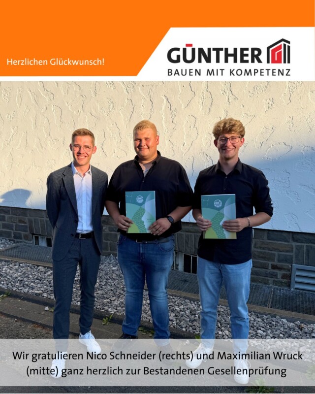 Letzte Woche fand die Freisprechungsfeier unserer Auszubildenden statt. 
Wir freuen uns riesig, dass unsere beiden Azubis ihre Gesellenprüfung zum Beton- und Stahlbetonbauer sehr erfolgreich bestanden haben! 
Nico und Max, wir sind sehr stolz auf eure Leistung und freuen uns, euch auch weiterhin in unserem Team zu haben!

#Ausbildung #herzlichenglückwunsch
#komminsgüntherteam
#ausbildungmitzukunft
#handwerk #jobimhandwerk #baujobs #betonbau #baustelle #fertigteilwerk #zukunftbauen #Quereinsteiger #BauunternehmungGUENTHER
#BauenMitKompetenz
#Karriere #Stahlbetonbauer
#Hochbau #Tiefbau
#Fertigteilbau #Fertigteilwerk
#Betonfertigteilwerk
#Siegen
#Netphen #siegerland