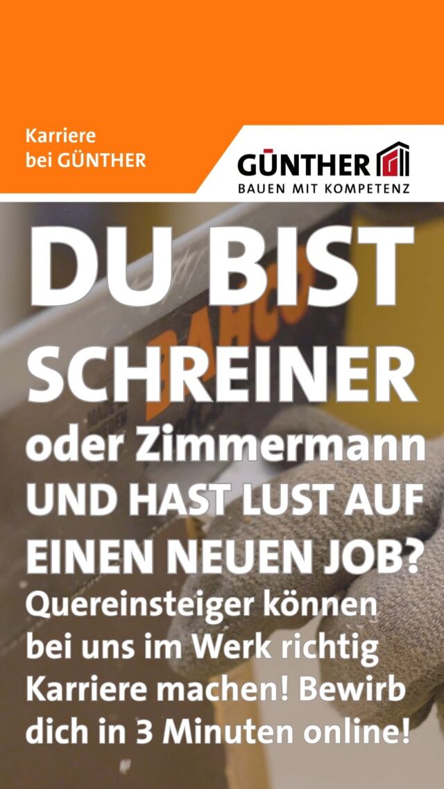 DU BIST SCHREINER ODER ZIMMERMANN
UND HAST LUST AUF EINEN NEUEN JOB?
Quereinsteiger können bei uns im Werk richtig Karriere machen! 
Bewirb dich in 3 Minuten online!

#BauunternehmungGUENTHER
#BauenMitKompetenz
#KommInsGüntherTeam
#Azubi
#Ausbildung
#Karriere 
#Jobs
#Jobs 
#Neuerjob
#tischlermeister 
#Schreiner
#Maurer
#Stahlbetonbauer
#Hochbau
#Tiefbau
#Fertigteilbau
#Fertigteilwerk
#Betonfertigteilwerk
#Handwerk
#Siegen
#Siegenwittgenstein
#Netphen
#Siegerland