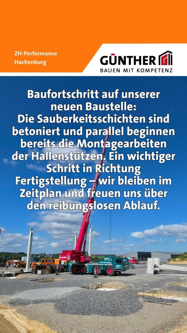 Baufortschritt auf unserer neuen Baustelle:
Die Sauberkeitsschichten sind betoniert und parallel beginnen bereits die Montagearbeiten der Hallenstützen. Ein wichtiger Schritt in Richtung Fertigstellung – wir bleiben im Zeitplan und freuen uns über den reibungslosen Ablauf.