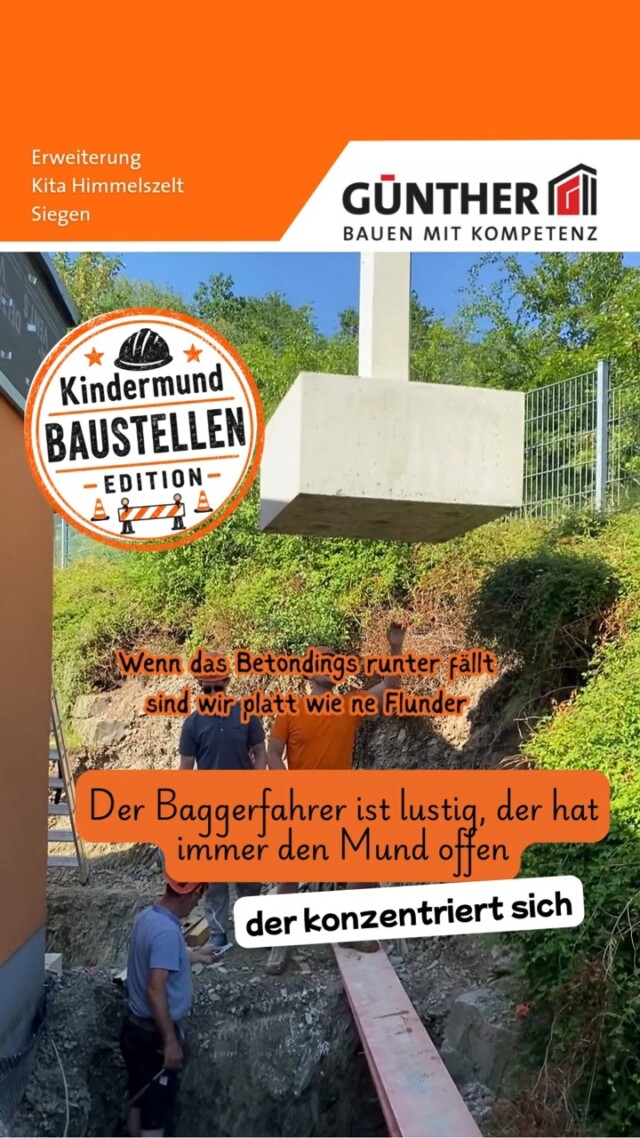 Das sagen die Kinder in der Kita Himmelszelt zu unserer Baustelle 😄

#BauunternehmungGUENTHER
#BauenMitKompetenz
#KommInsGüntherTeam #Azubi #Ausbildung #Karriere
#Stahlbetonbauer #Hochbau #Tiefbau
#Fertigteilwerk #Betonfertigteilwerk #Handwerk
#Siegen #Netphen 
#Kindermund #kita  #Baustelle